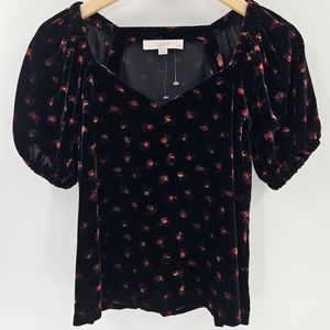 LOFT Black Floral Velvet Puff Short Sleeve Sweetheart Neckline Womens XSmall P